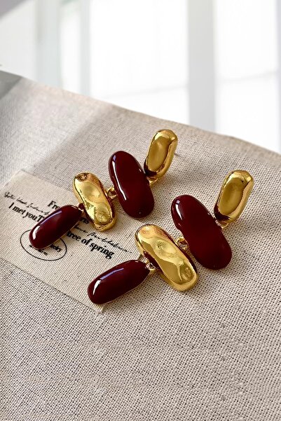 New Obsessions Ruby Glow Altın Bordo Detay Küpe