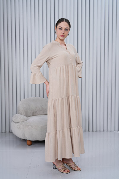 Miss Dünya Lissa Kadın Hakim Yaka Düğmeli Uzun Dokuma Elbise