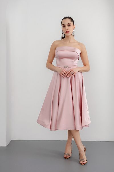 Lafaba Women's Powder Strapless Neckline Jewel Belted Satin Evening Dress