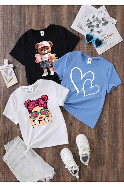 twins tailors Pachet de 3 tricouri pentru fete cu imprimeu Teddy alb-negru-albastru