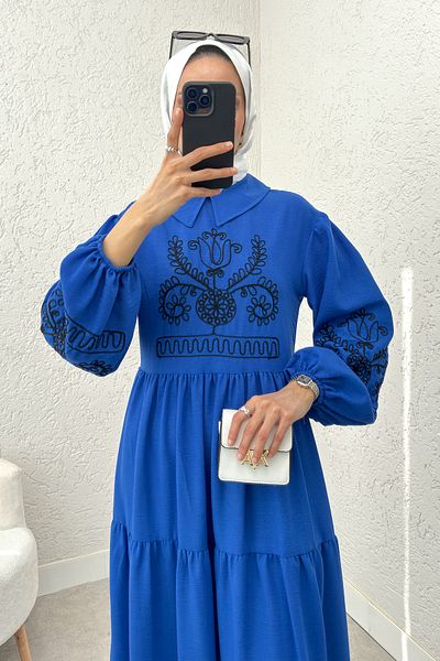 Salih Çelebi 2224 Μοντέλο Κεντητό Φόρεμα στρώματος - Saks Blue