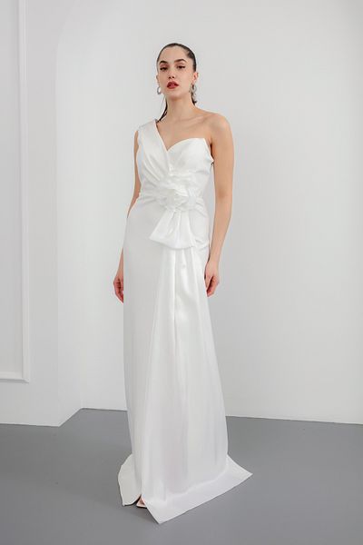 Lafaba Women's White One Sleeve Rose Detailed Slit Long Evening Dress