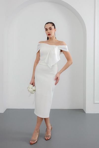 Lafaba Women's White Collar Detailed Promise Engagement Wedding Evening Dress
