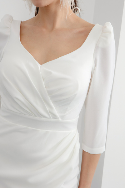 Lafaba Γυναικείο Λευκό Διπλό Πέτο Μίντι Υπόσχεση Αρραβώνα Νυφικό Βραδινό Φόρεμα