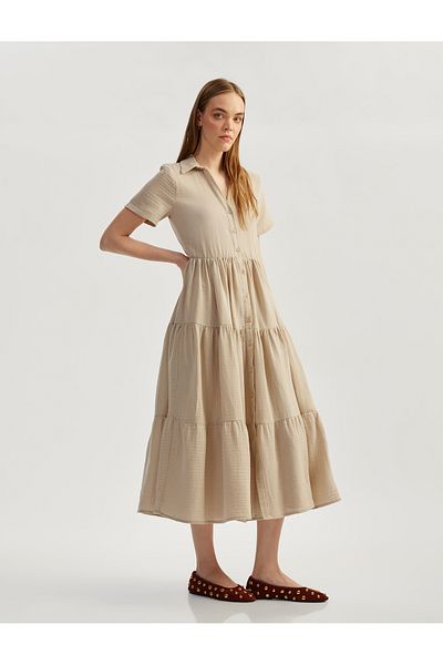 Koton Layered Flounce Short Sleeve Button Long Shirt Dress