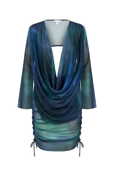 AQUELLA Desenli Yeşil Tül Degaje Yaka Üst-Etek Takım