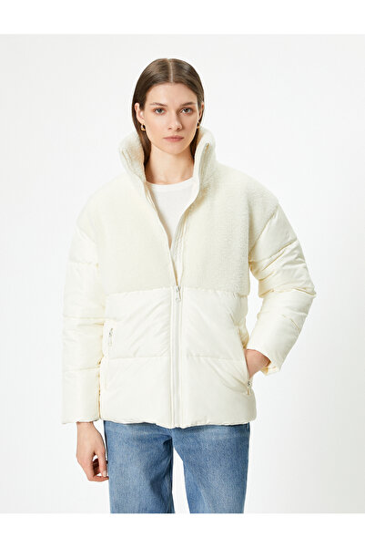 Koton Plush Detailed Puffer Jacket - Stand Collar and Zippered Pocket