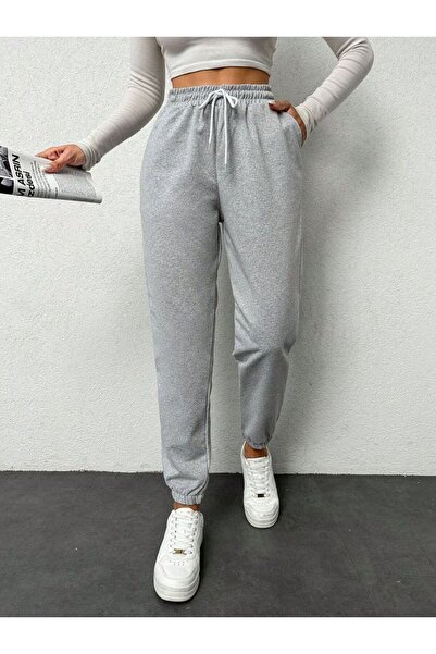 THE WHITE Γυναικείο Φούτερ Λαστιχένιο Γκρι Χρώμα επένδυση fleece