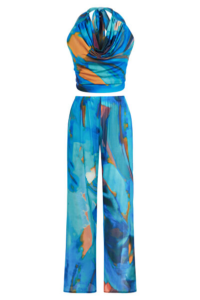 AQUELLA Tül Mavi Desenli Crop Top-Pantolon Takım