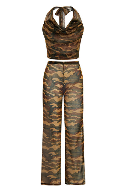 AQUELLA Desenli Simli Kahverengi Crop Top-Pantolon Takım