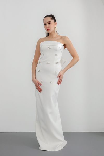 Lafaba Women's White Strapless Rhinestone Promise Engagement Wedding Evening Dress