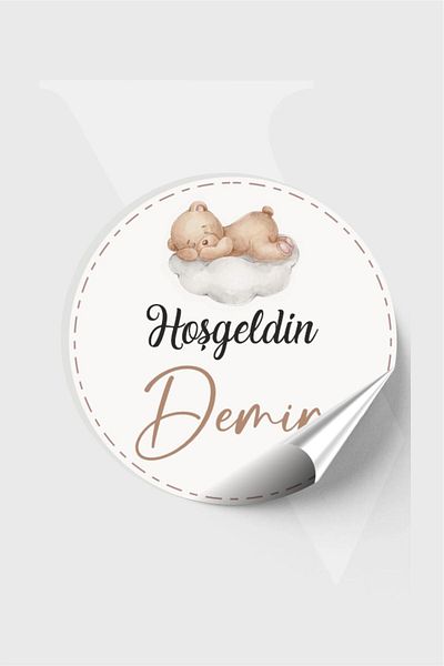 Piksel Grafik 4X4Cm 96 Pieces Sleepy Bear Baby Tag - Baby Shower and Birthday Welcome Tag