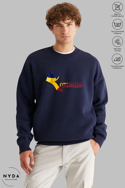 Nyda Collections Unisex μακρυμάνικο φούτερ με στάμπα Ρουμανίας με λαιμόκοψη χωρίς κουκούλα