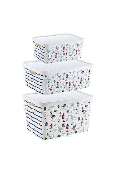 Smartware Set of 3 Stafi Patterned Box with Lid Marine (4.5-12-18 Lt)