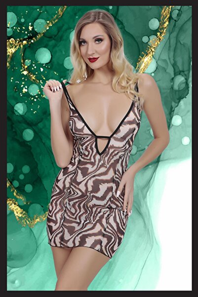 FANTAZİ İÇ GİYİM LEOPAR DESENLİ KISA ELBİSE GECELİK SEXI GECE  GÖĞÜS DEKOLTELİ TRANSPARAN