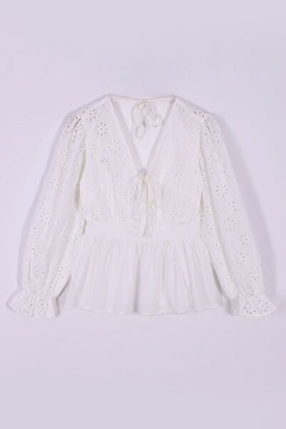 By Mare Style Deep V-Neck Pure Cotton White Blouse