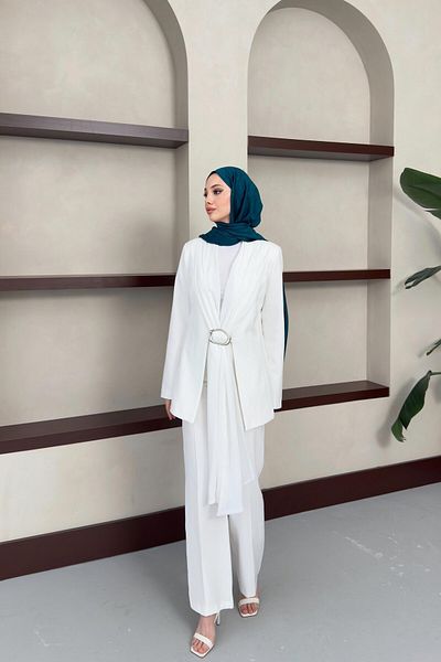 QUQA Front Scarf Trousers Set - Ecru