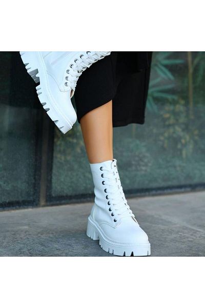 BESKAR Μπότες Flona White Skin Lace Up