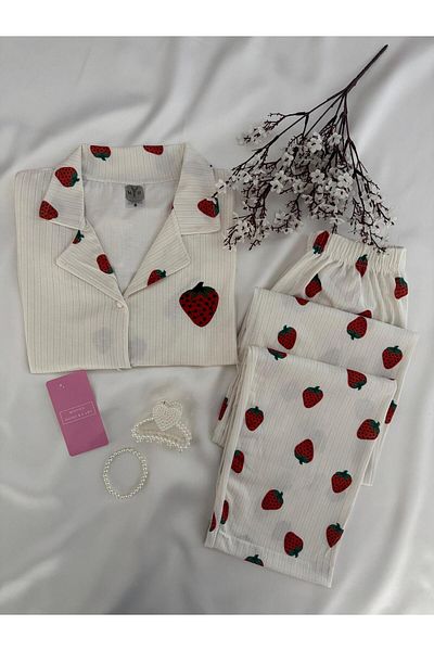 MH Moony Homewears Set de pijamale moale din 2 piese cu detalii de căpșuni
