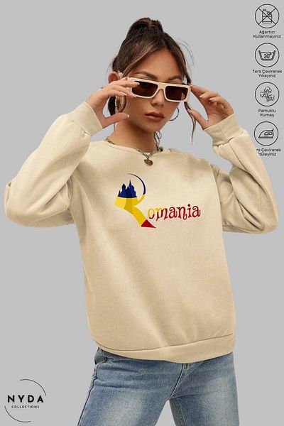 Nyda Collections Unisex μακρυμάνικο φούτερ με στάμπα Ρουμανίας με λαιμόκοψη χωρίς κουκούλα