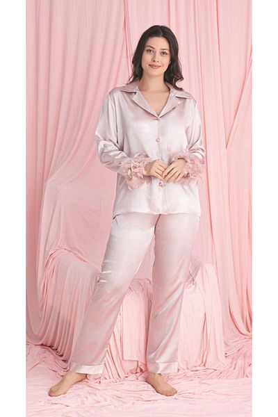 SATTENS Silky Satin Pajama Suit with Otrish Feather on the Sleeves