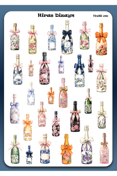 Hiras Dizayn 17x25cm Çiçekli Şarap Şişeleri Sticker Sayfası 29 adet Çıkartma ...