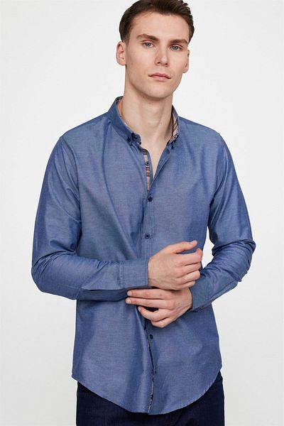 Tudors Navy Blue ανδρικό πουκάμισο Oxford - λεπτή εφαρμογή, μακρύ μανίκι, γιακάς με κουμπιά