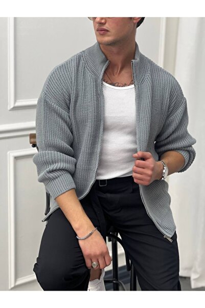 MODEFENDİ Erkek Gri Örgü Desenli Yarım Oversize Yarim Balikçı Yaka Fermuarlı ...