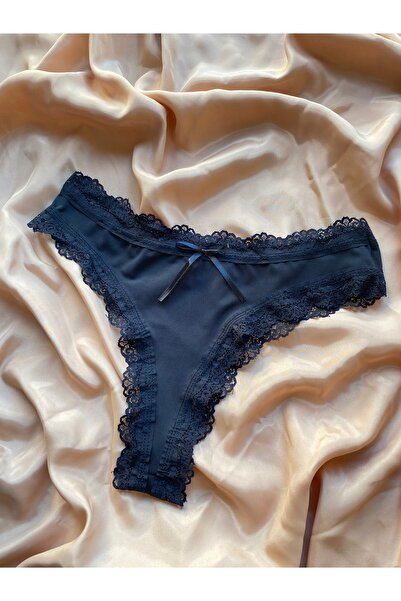 Maly Love Kadın Siyah Fiyonk ve Dantel Detaylı Süprem Tanga String