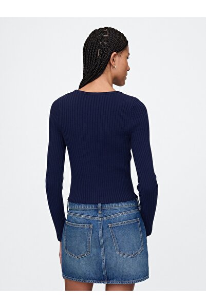 GAP Kadın Lacivert Pamuklu Örgü Desenli Fitilli Crop Hırka