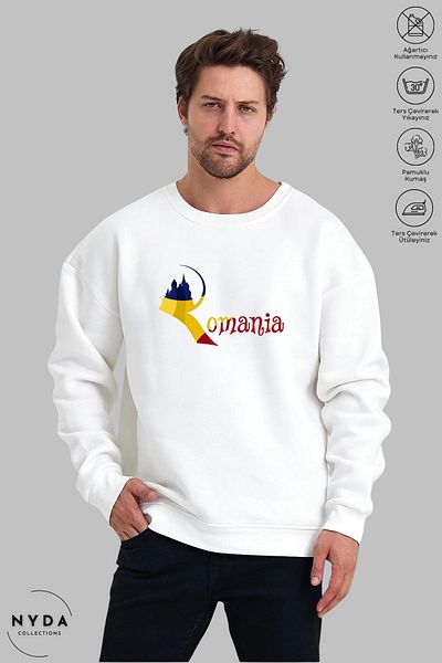 Nyda Collections Unisex μακρυμάνικο φούτερ με στάμπα Ρουμανίας με λαιμόκοψη χωρίς κουκούλα