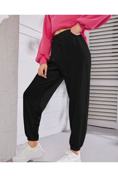 THE WHITE Γυναικεία μαύρα άνετα βαμβακερά παντελόνια από καουτσούκ