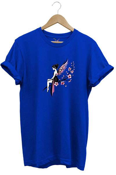 WİDİ Tricou albastru cu decolteu rotund, 100% bumbac, elegant, dulce, cu imprimeu Fairy Girl