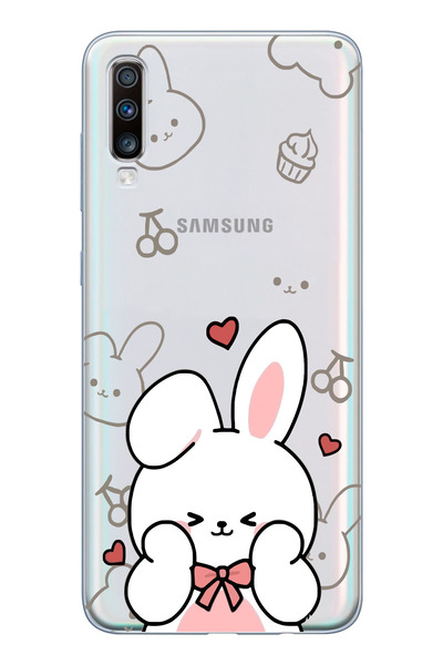moonset Samsung Galaxy A70 Uyumlu Sevimli Tavşan Tasarımlı Baskılı Şeffaf Tel...