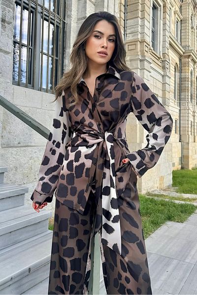 Bestenur Σατέν Σετ διπλό με Leopard Pattern 1342 - Καφέ