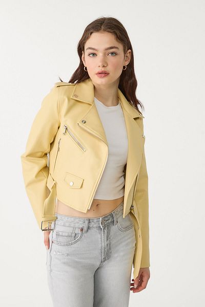 Stradivarius سترة راكب دراجات نارية بتأثير جلدي مع حزام