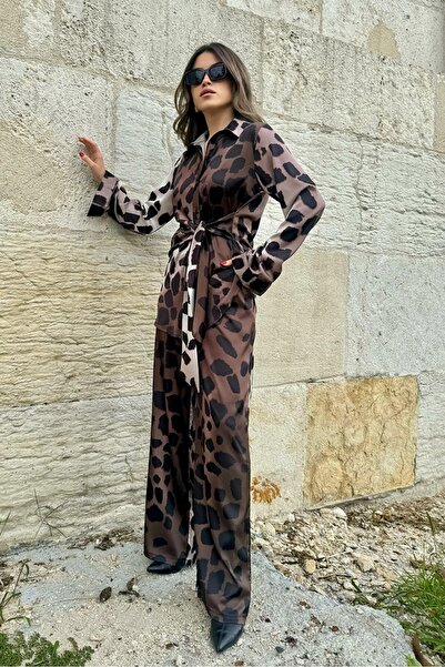 Bestenur Leopard Patterned Satin Double Suit 1342 - Brown