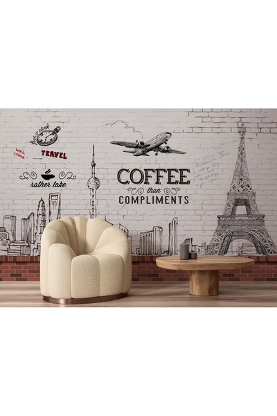 Tasarım Coffee Paris Travel Şehir Temalı Tuğla Desen Duvar Kağıdı