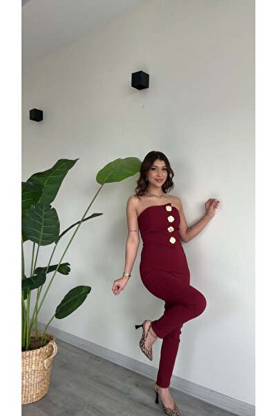 modadagiyim Women's Black Strapless Stone Button Detail Premium Jumpsuit