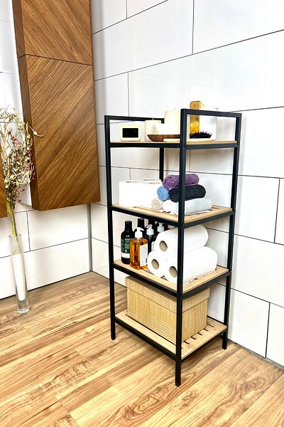 Milonsa Μεταλλικό ξύλινο ράφι μπάνιου 4 επιπέδων - Διακοσμητικό ράφι πολλαπλών χρήσεων - ράφι οργάνωσης μπάνιου