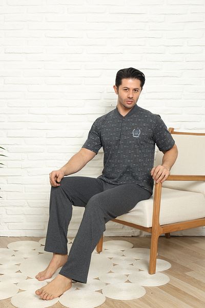 FAMES PİJAMA Smoked Men's Short Sleeve Combed Cotton Pajama Set