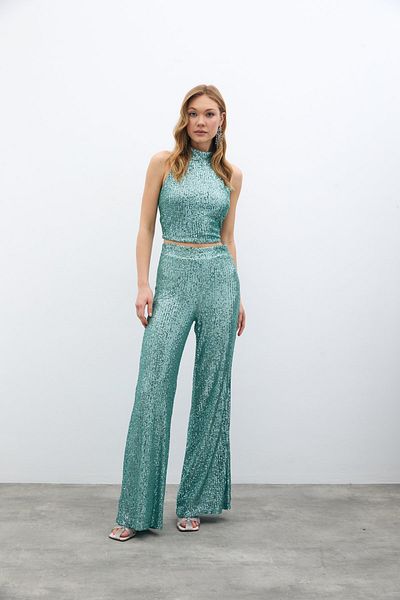 Sateen Sequined Loose Trousers - Mint