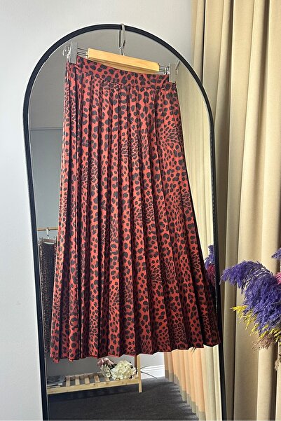 Bestenur Leopard Pattern Pleated Skirt 1344 - Claret Red