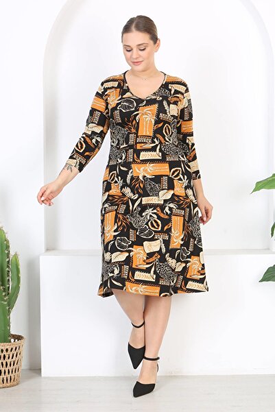 Mooi XXL Γυναικείο μαύρο πορτοκαλί φόρεμα με μοτίβο παλάμης με λαιμόκοψη τριών τετάρτων, ελαστικό φόρεμα