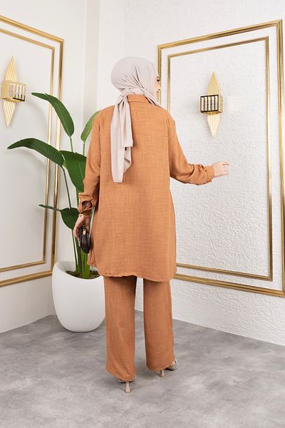 Sfg Life Moda طقم قميص نسائي من الكتان مكون من قطعتين مع أزرار أمامية متقاطعة وبنطلون داخلي مربوط