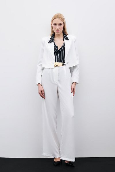 Sateen Ecru Crepe Trousers - Pleated Design