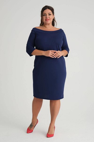 Mooi XXL Rochie de damă, albastru bleumarin, cu guler Carmen, cu mâneci trei sferturi, din crep elastic