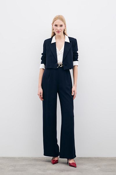 Sateen Pleated Crepe Trousers - Navy Blue