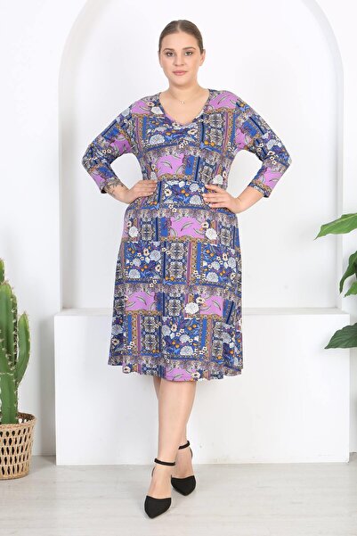 Mooi XXL Kadın Mavi Mor Patchwork Desen V Yaka Truvakar Kol Büyük Beden Esnek Elbise