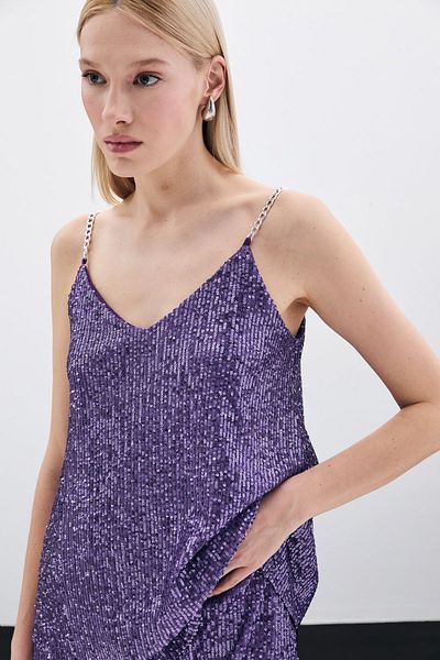 Sateen Bluză cu paiete cu curea de lanț - violet